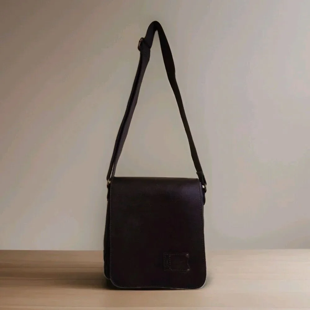 Mens Minimalist North South Crossbody Bag Nash Navy Canvas Brown Leather